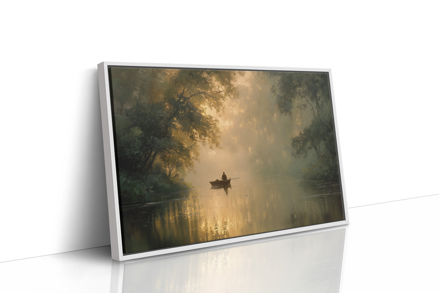 Solitary Boatman Crosses Golden Mist