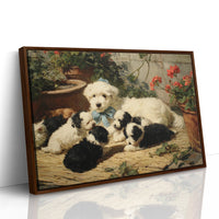 Puppies Rest Among Garden Geraniums