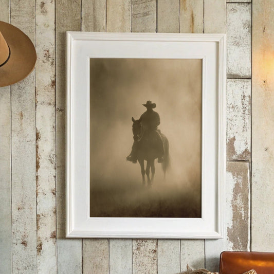Lone Rider Through Morning Mist