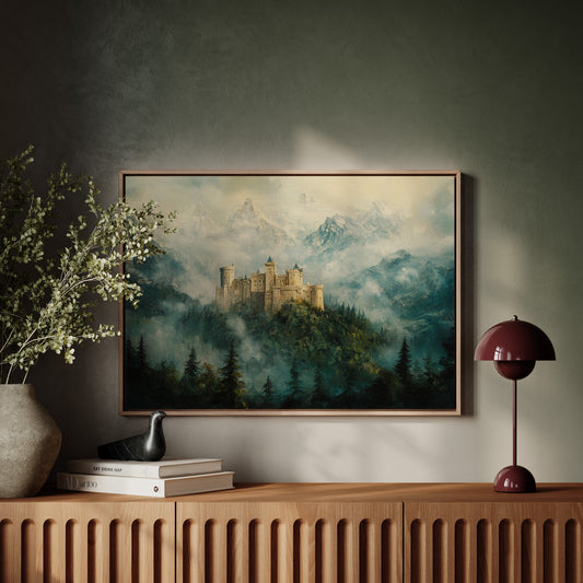 Misty Mountain Castle: Ethereal Fantasy Landscape Canvas Wall Art