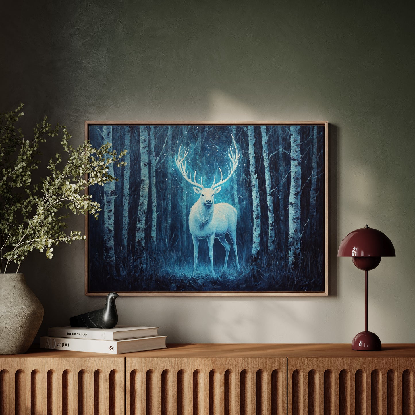 Moonlit Stag Among Birch Trees