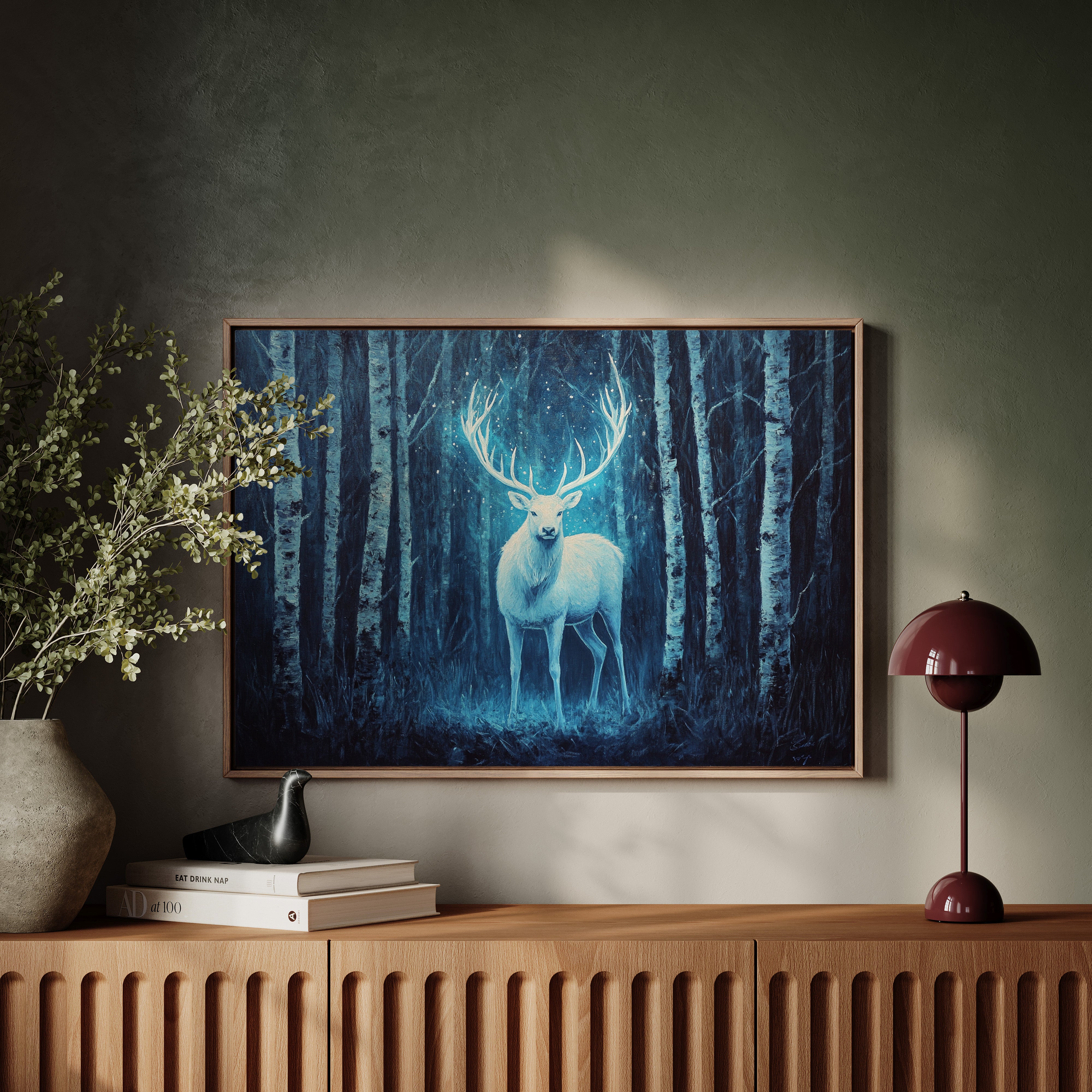 Moonlit Stag Among Birch Trees