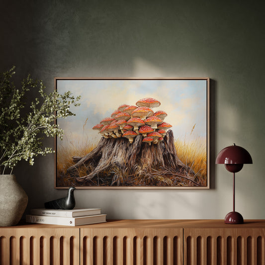 Red Mushrooms Crown Ancient Stump