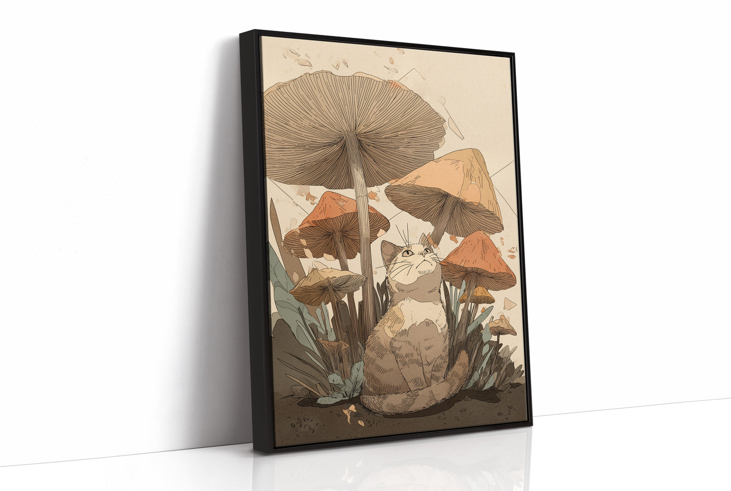 Curious Feline Among Fungal Giants