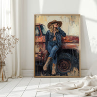 Denim Cowgirl by the Rusted Truck
