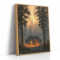 Cabin Glowing In Forest Fire Light