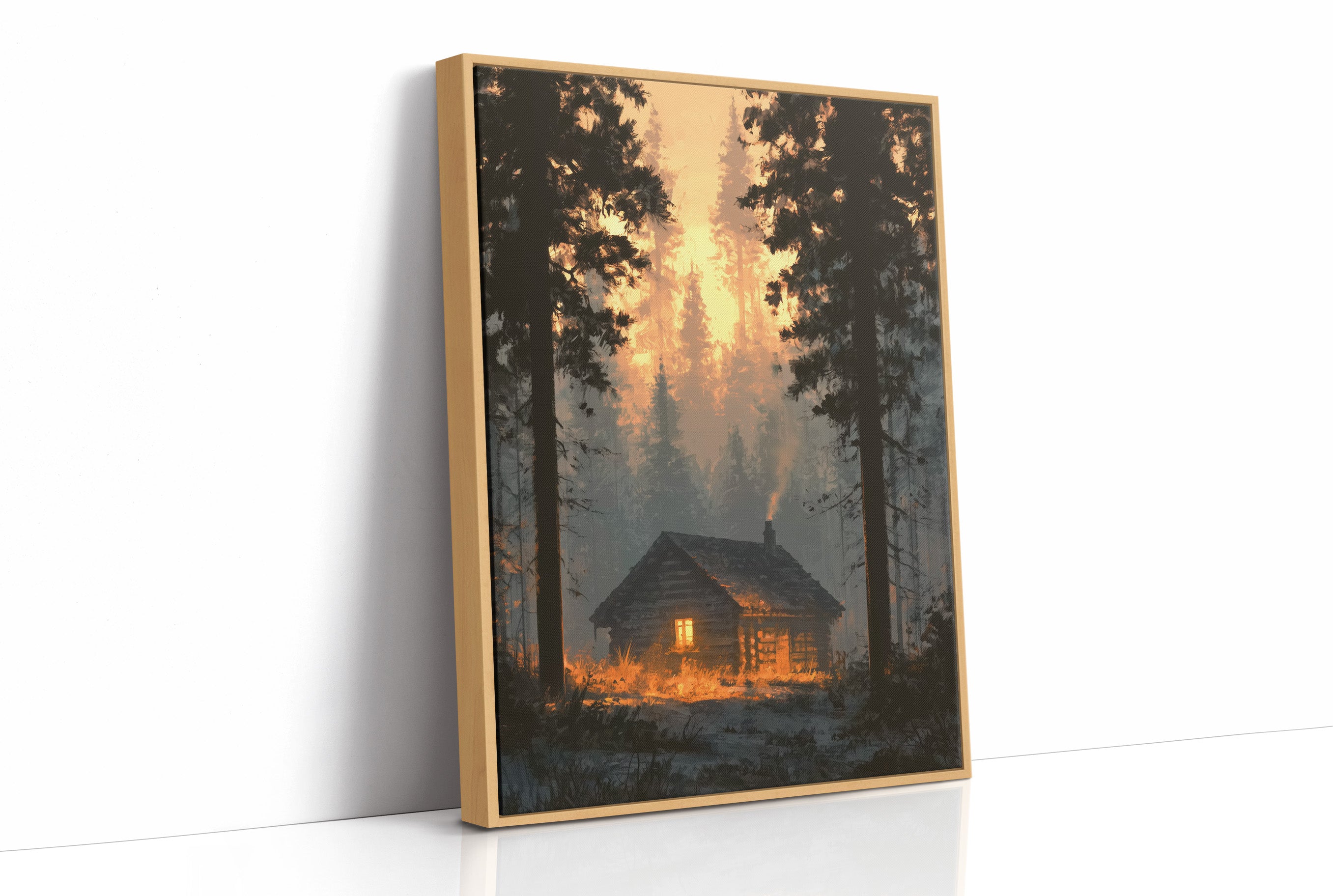 Cabin Glowing In Forest Fire Light
