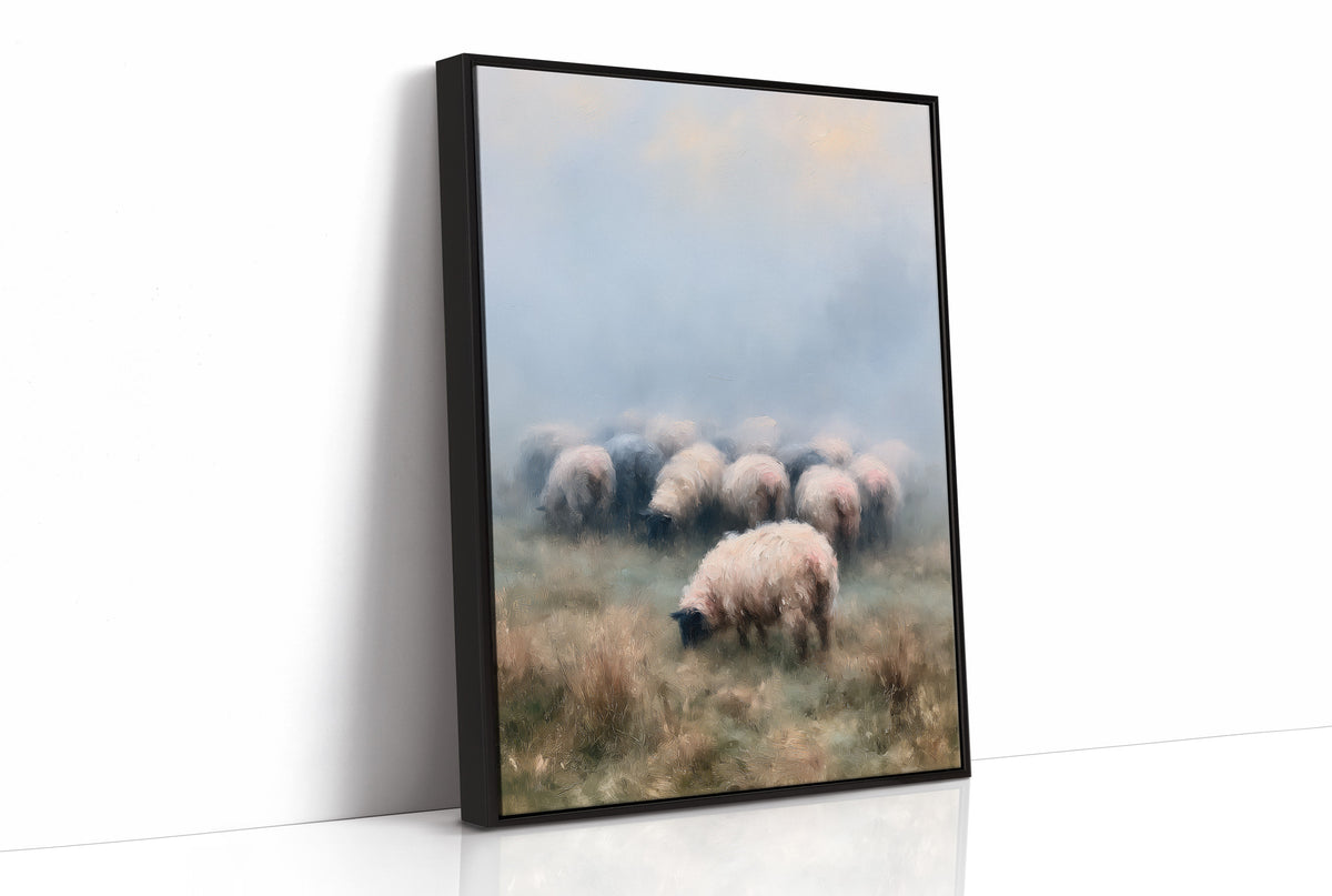 Sheep Grazing in Morning Mist