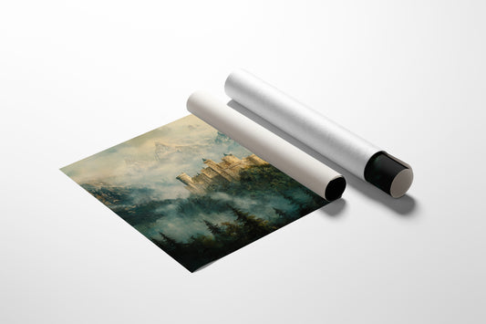 Misty Mountain Castle: Ethereal Fantasy Landscape Canvas Wall Art