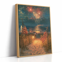 Fireworks Over Flag-Lined Beach Path