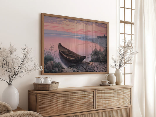 Lakeside Boat Awaits Dawn's Promise