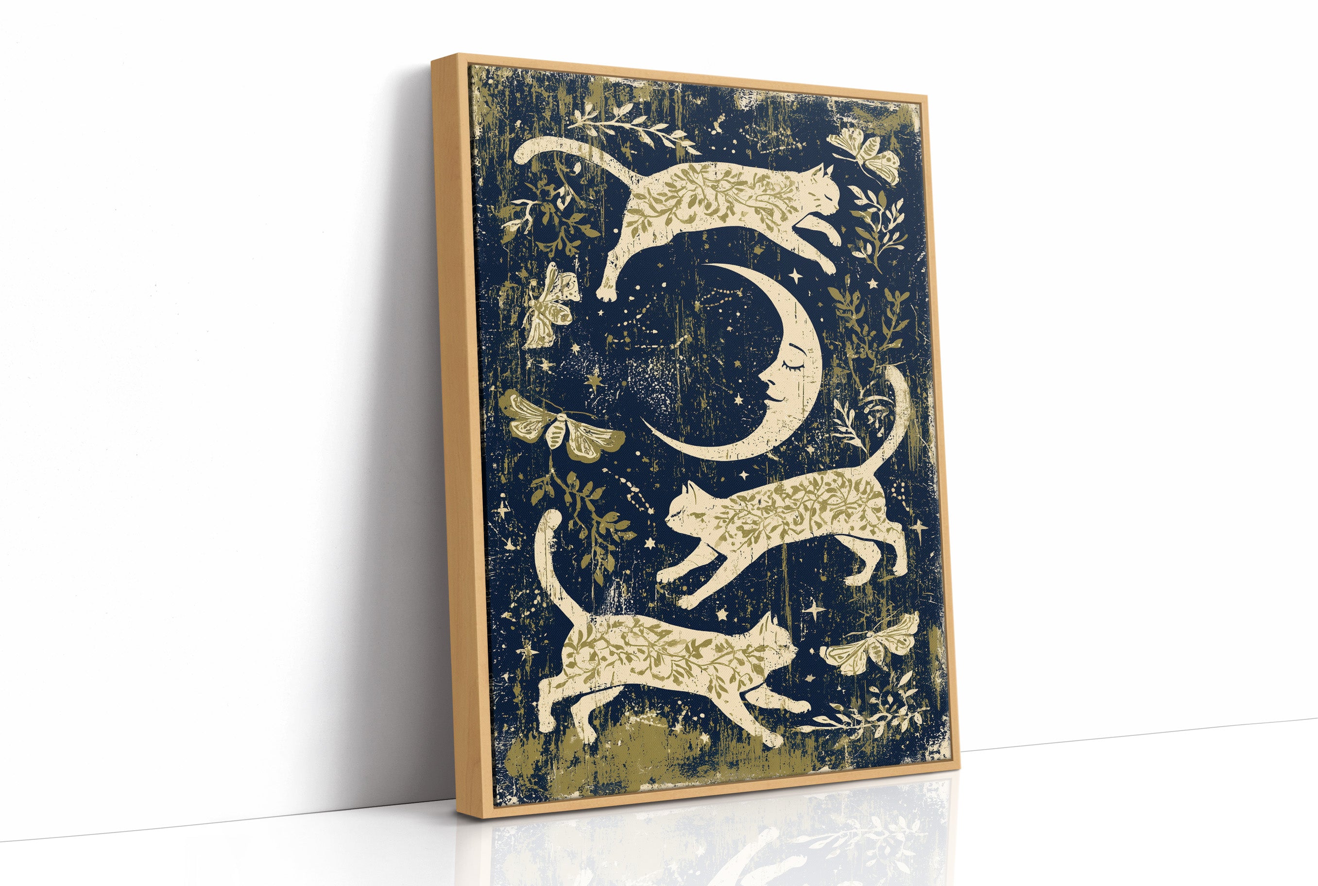 Cats Leaping Around Crescent Moon