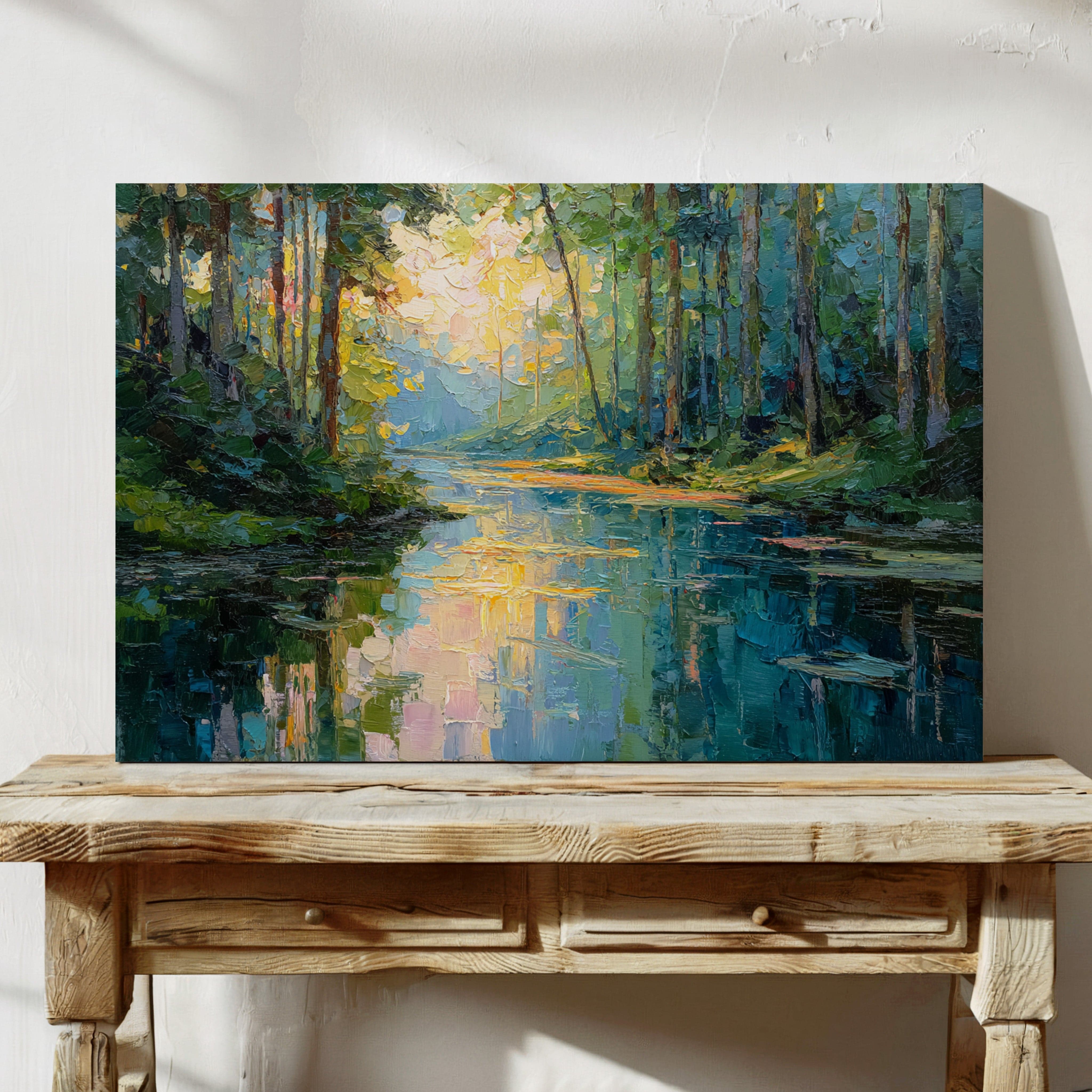 Sunlit Waters Between Tall Pines