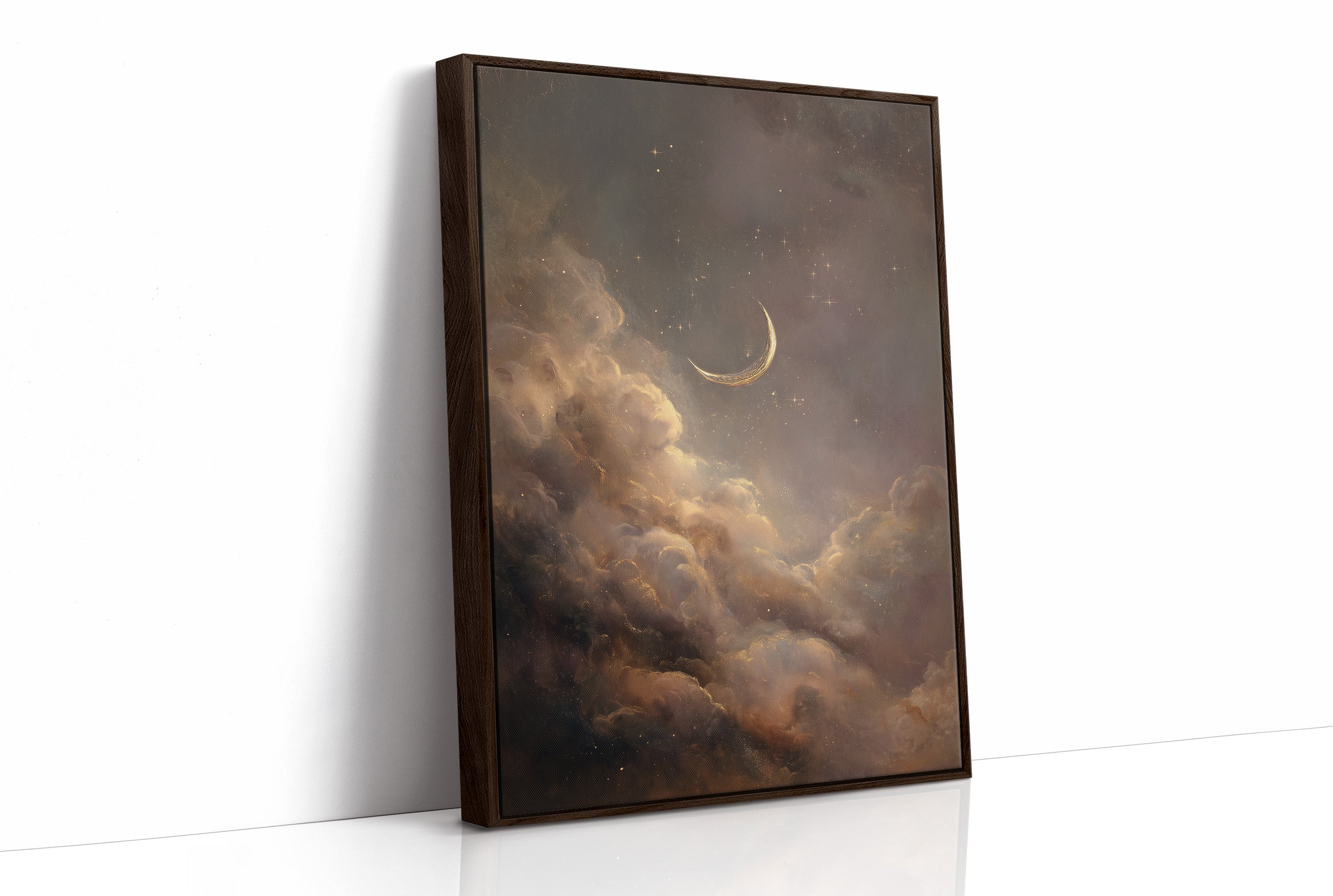 Crescent Floats Through Amber Clouds