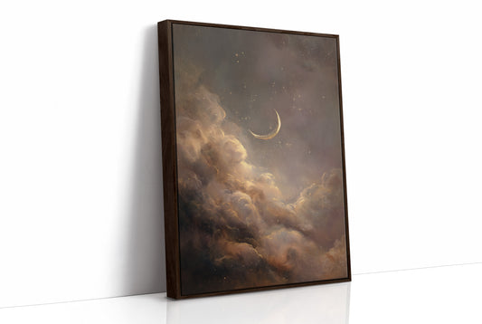 Crescent Floats Through Amber Clouds