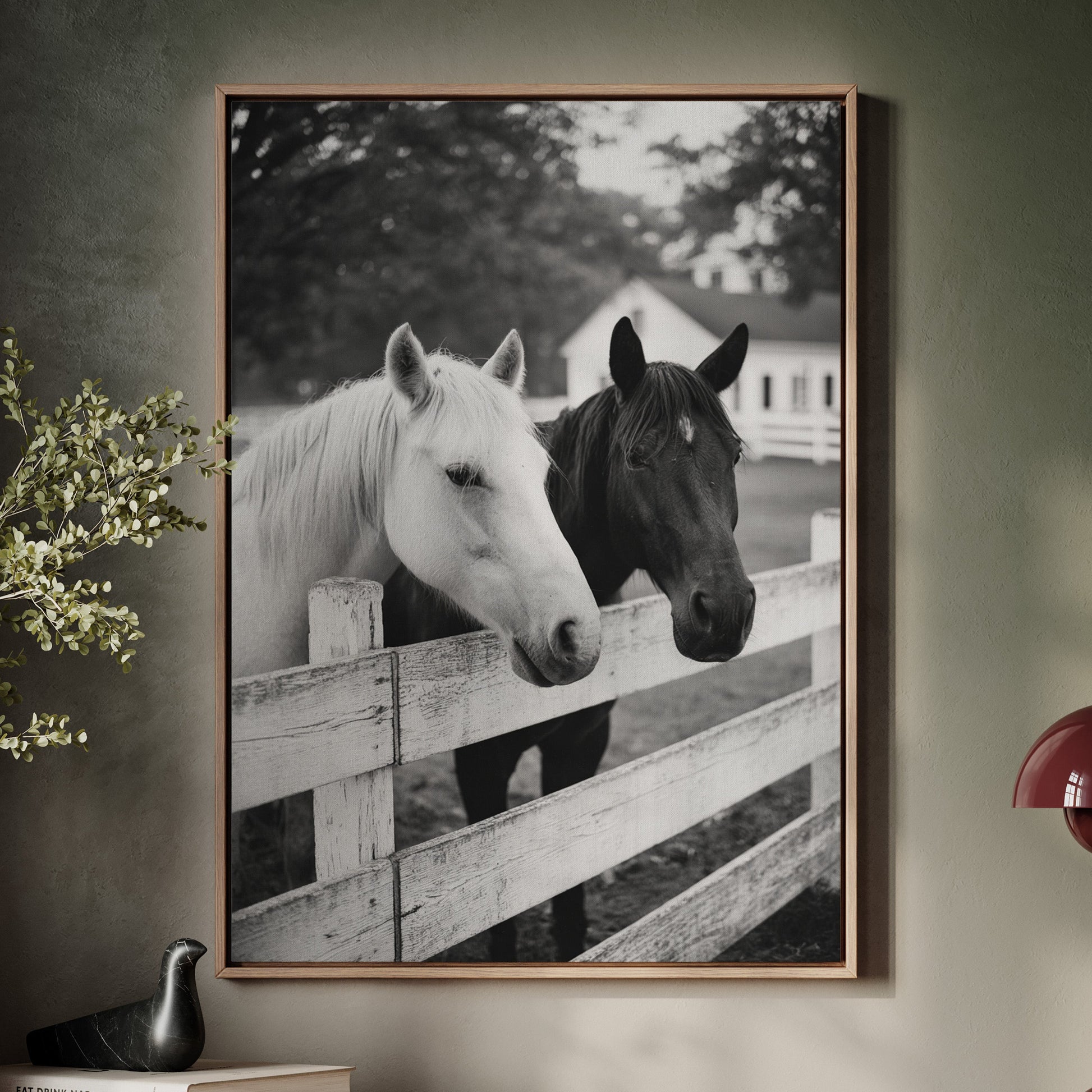 two horse at the ranch fence black and white