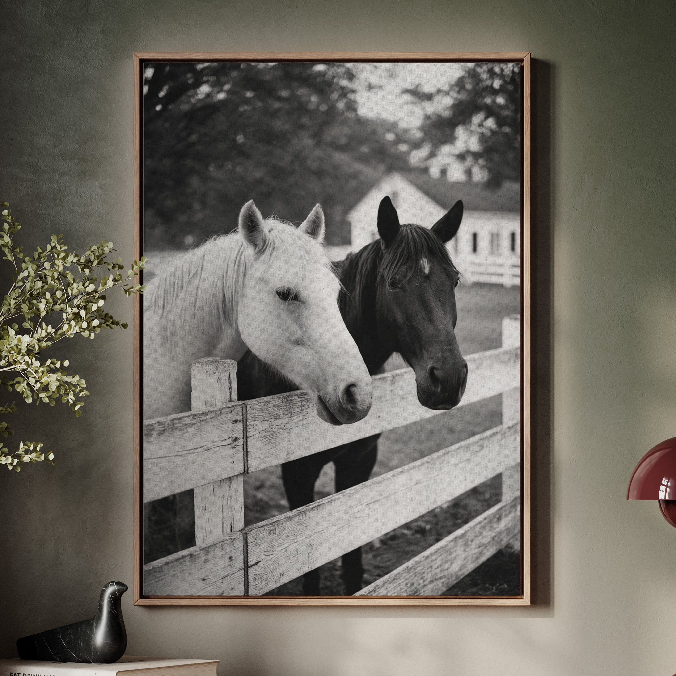 two horse at the ranch fence black and white