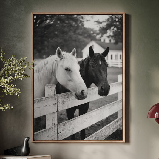 two horse at the ranch fence black and white