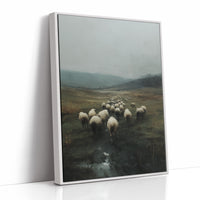 Flock Wanders Through Misty Moors