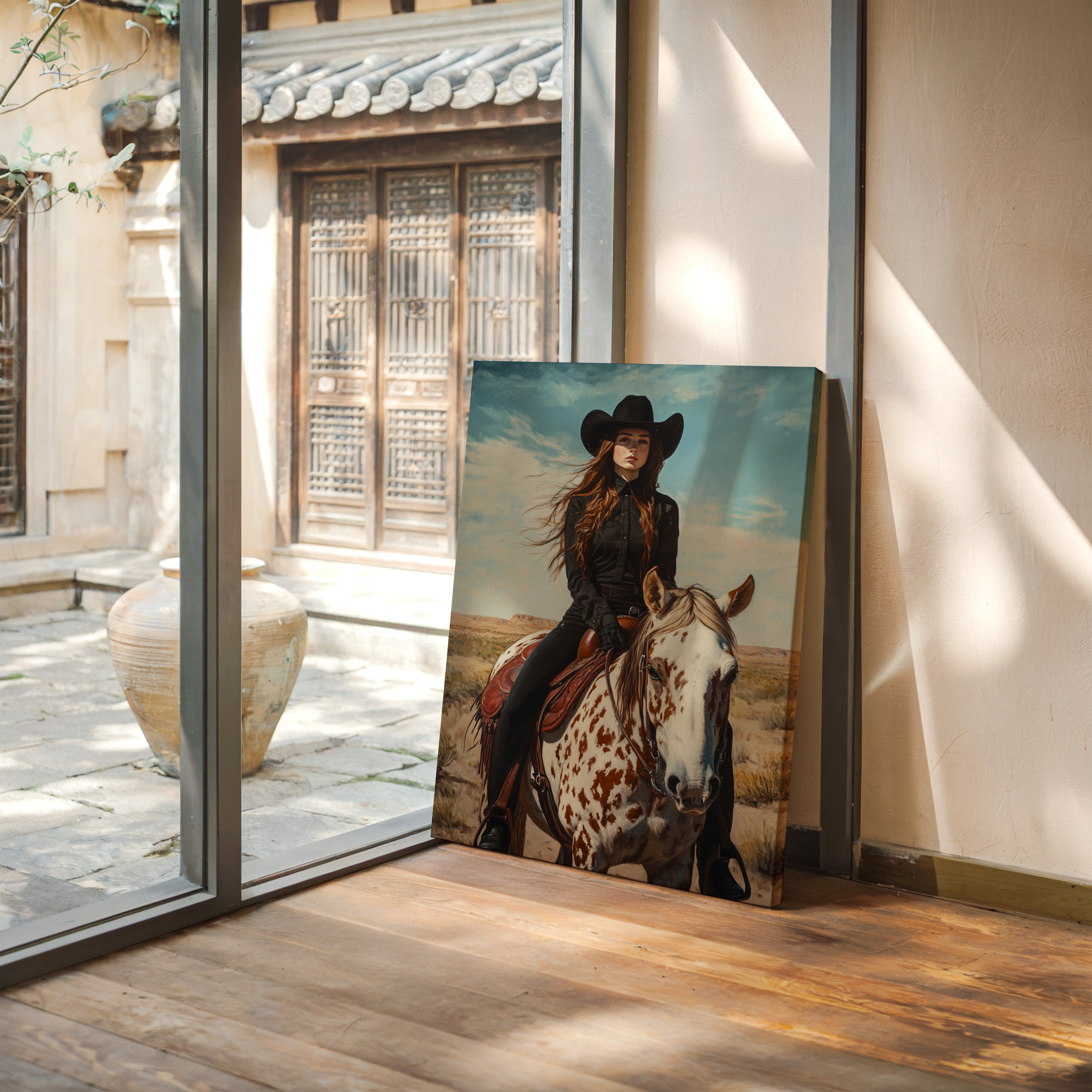 Desert Reins – Cowgirl on Paint Horse Portrait