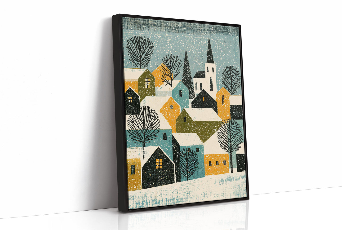 Snowy Village in Mustard & Teal