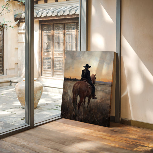 Back to the Prairie – Cowgirl on Horse at Dusk