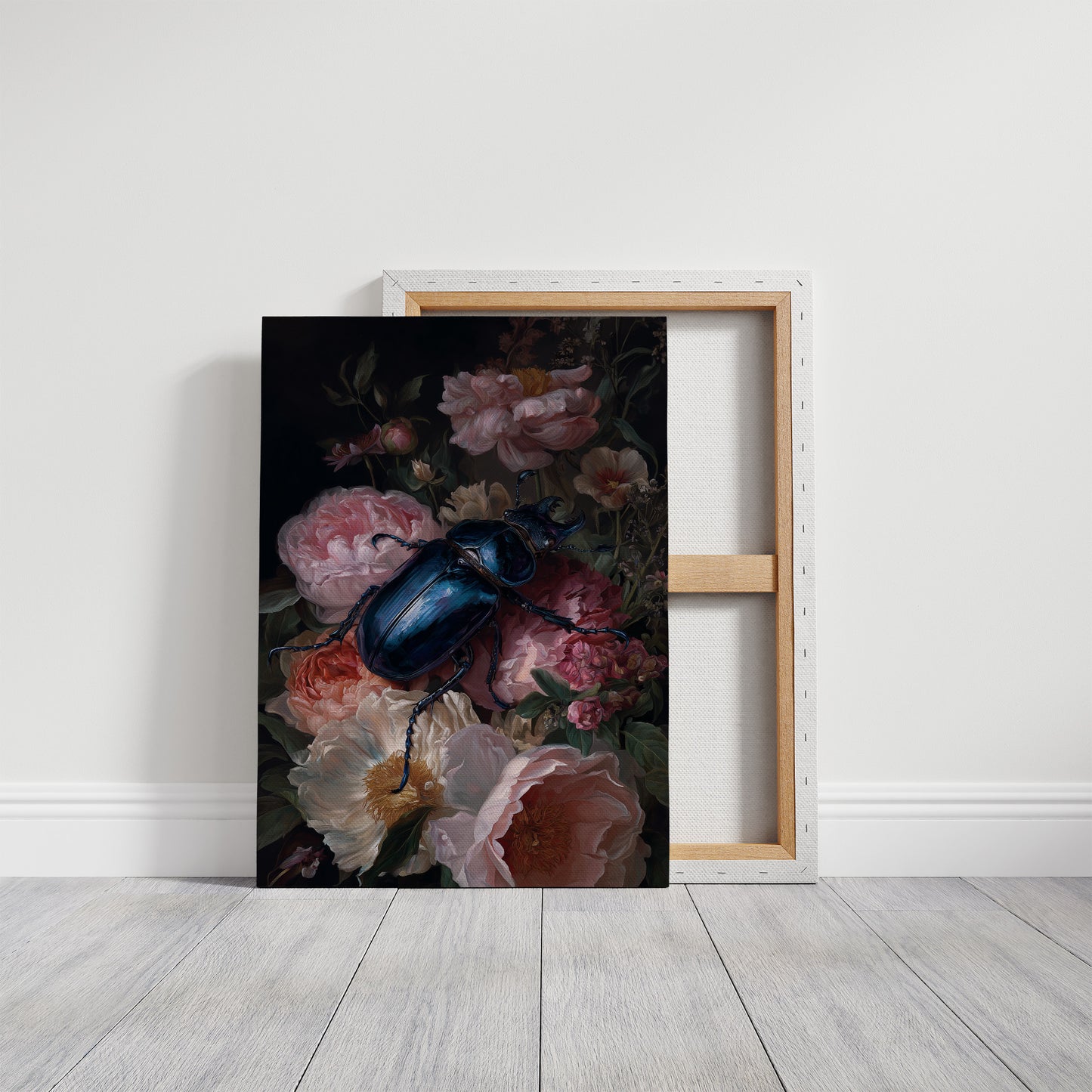 Sapphire Beetle Among Blushing Peonies