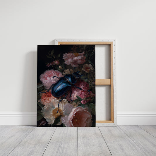 Sapphire Beetle Among Blushing Peonies