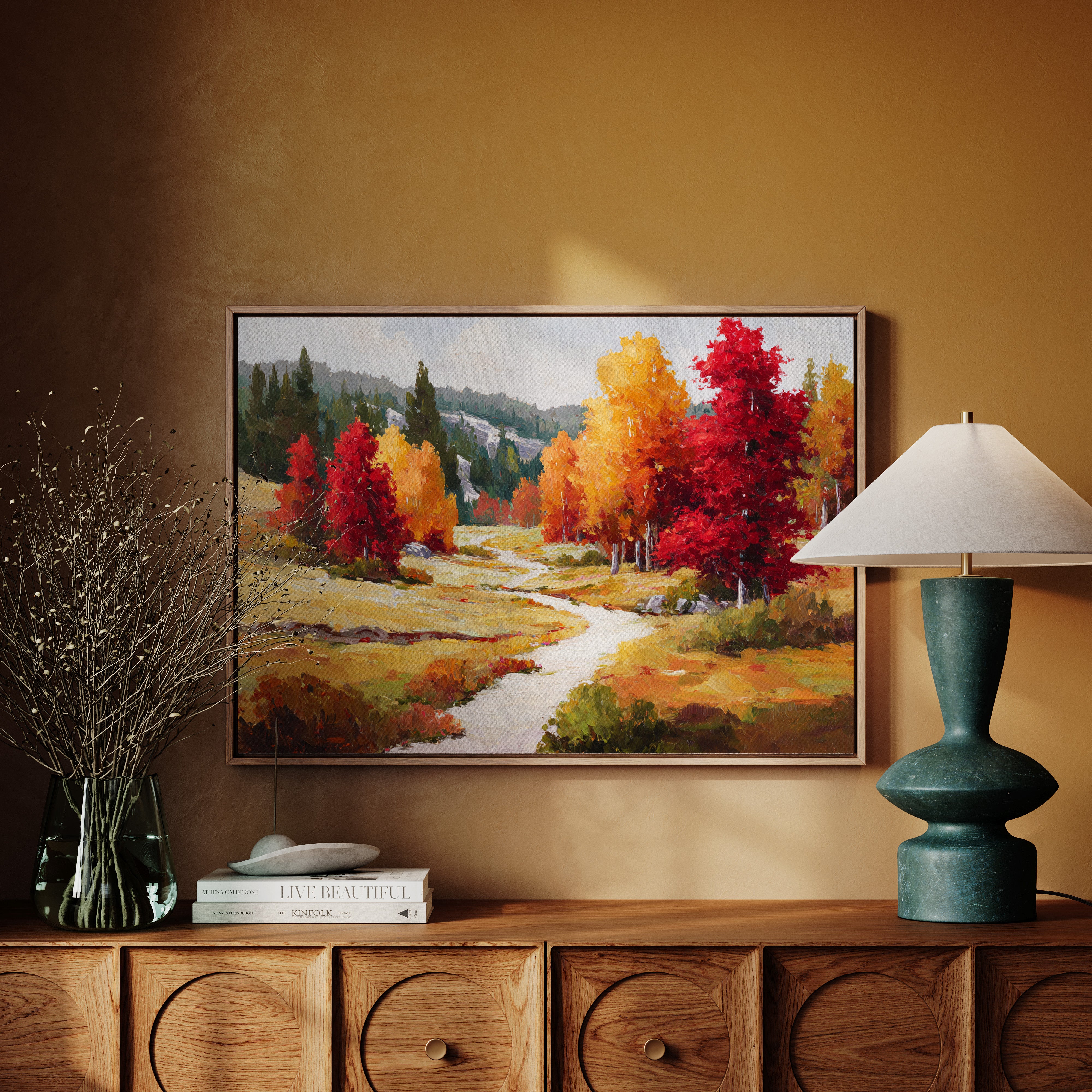 Crimson Leaves Beneath Golden Skies