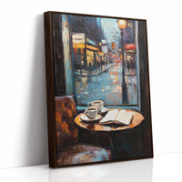 Cozy Rainy Cafe Scene – Atmospheric Coffee Shop Window Wall Art