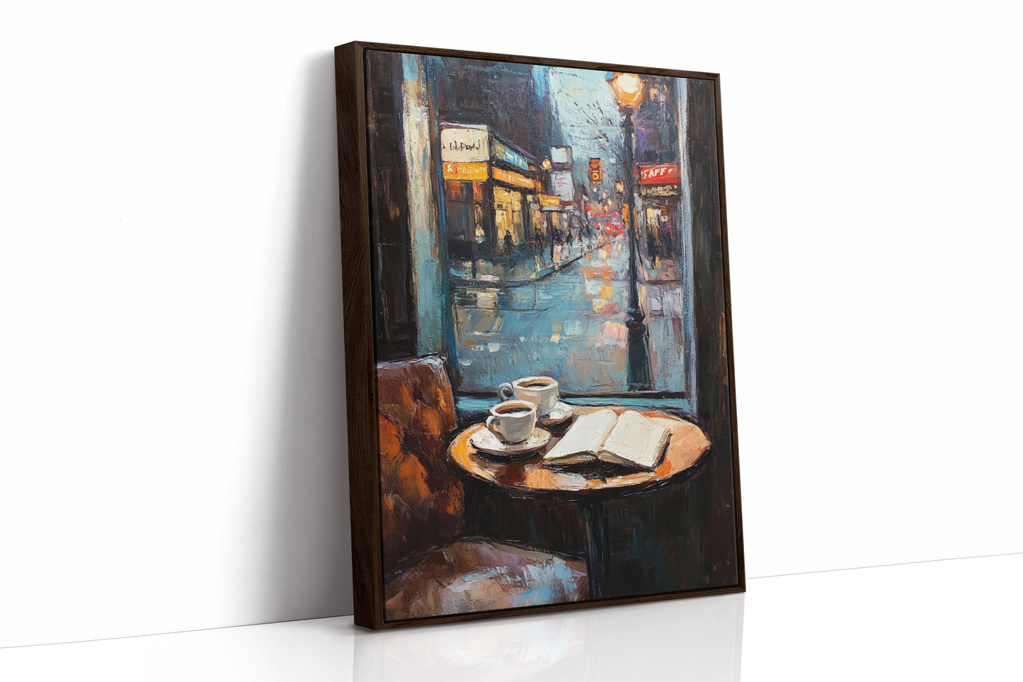 Cozy Rainy Cafe Scene – Atmospheric Coffee Shop Window Wall Art