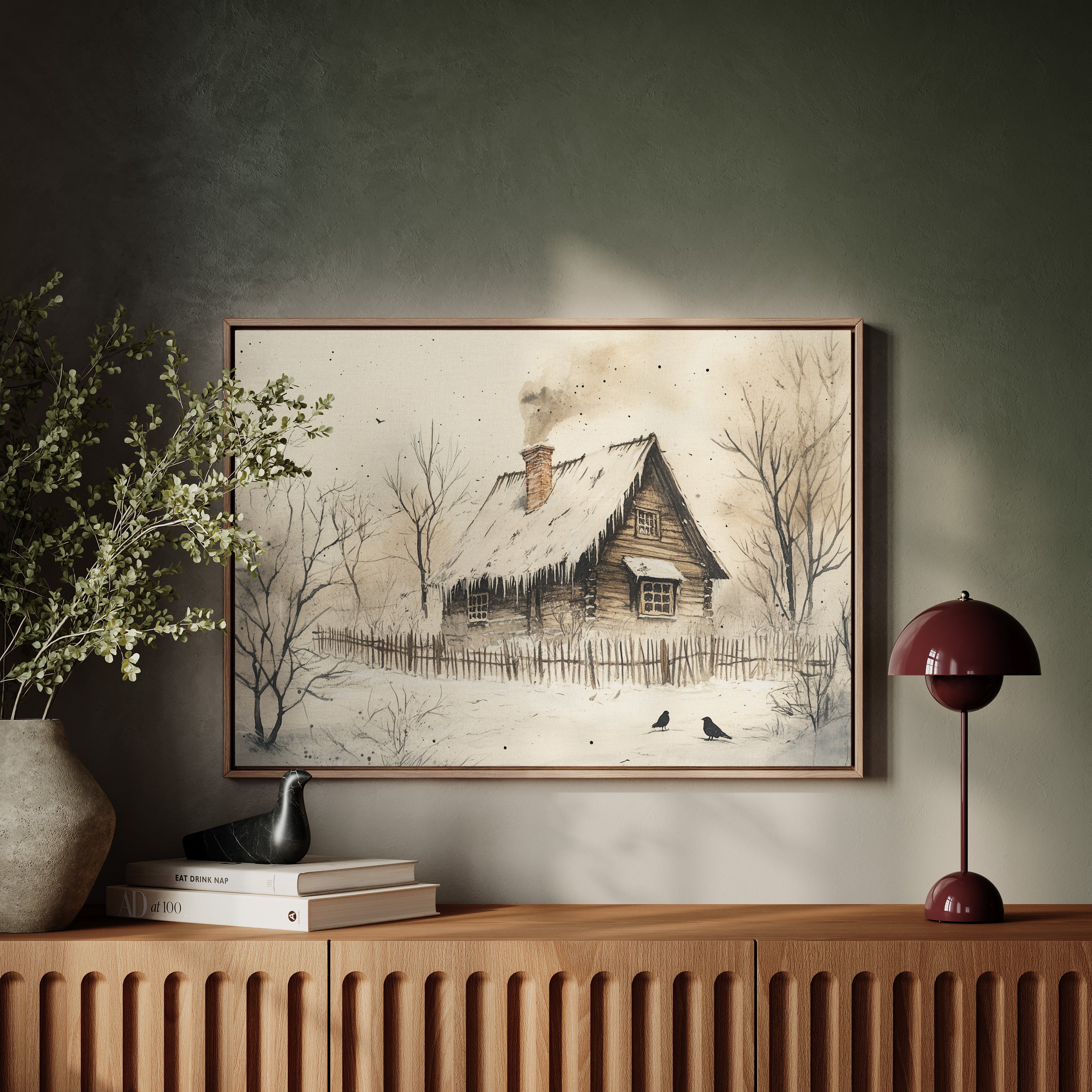 Winter Ravens Guard Frosted Cabin