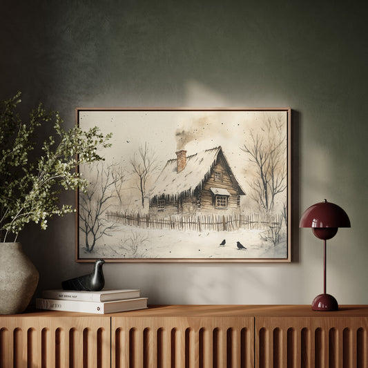 Winter Ravens Guard Frosted Cabin