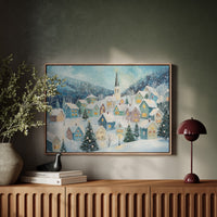 Snow Falls On Candlelit Village Windows