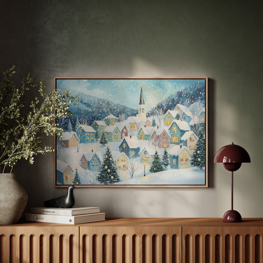 Snow Falls On Candlelit Village Windows