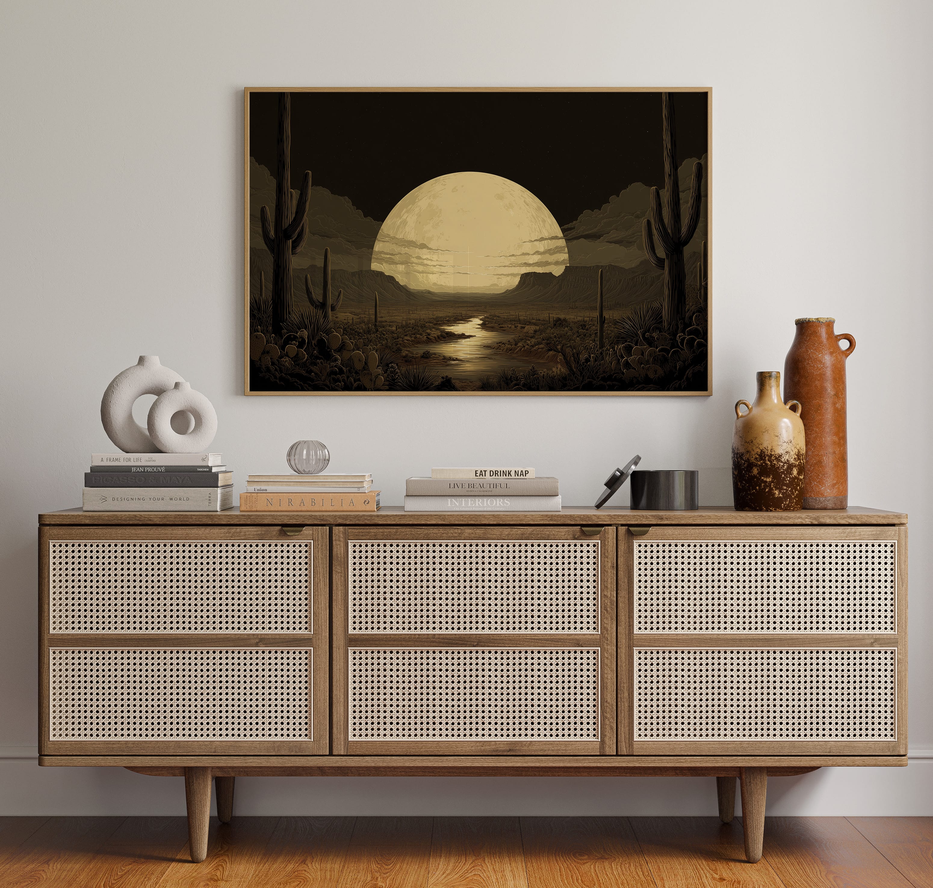 Saguaros Dance Under Golden Moon
