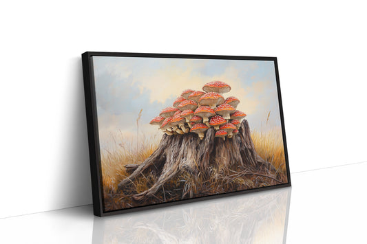 Red Mushrooms Crown Ancient Stump