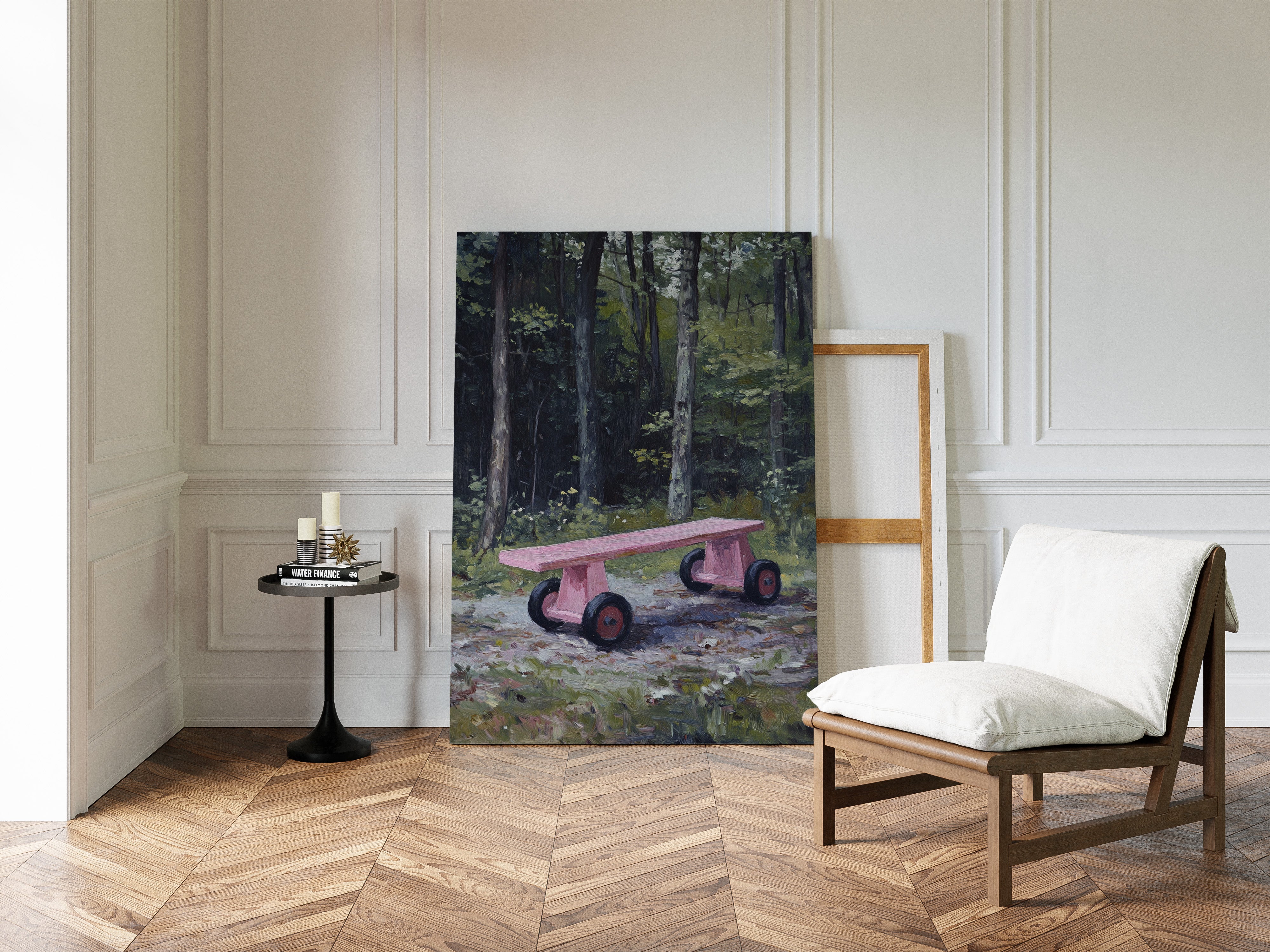 Pink Bench Rests In Forest Shade