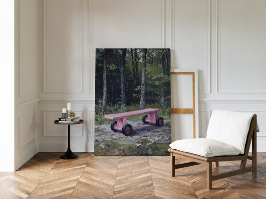 Pink Bench Rests In Forest Shade