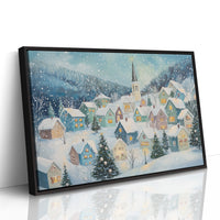 Snow Falls On Candlelit Village Windows