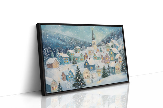 Snow Falls On Candlelit Village Windows
