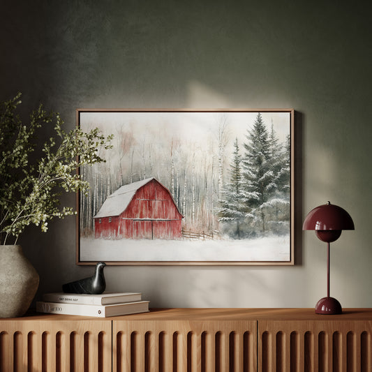 Red Barn Sleeps Among Winter Birch