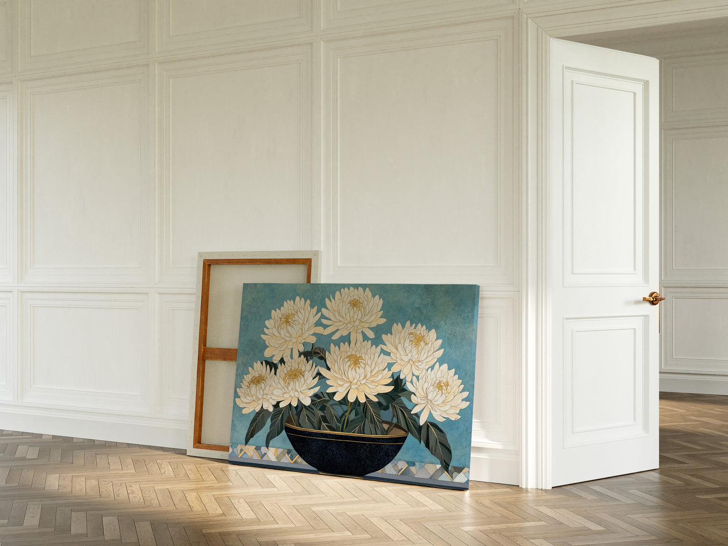 White Chrysanthemums Meet Midnight Bowl