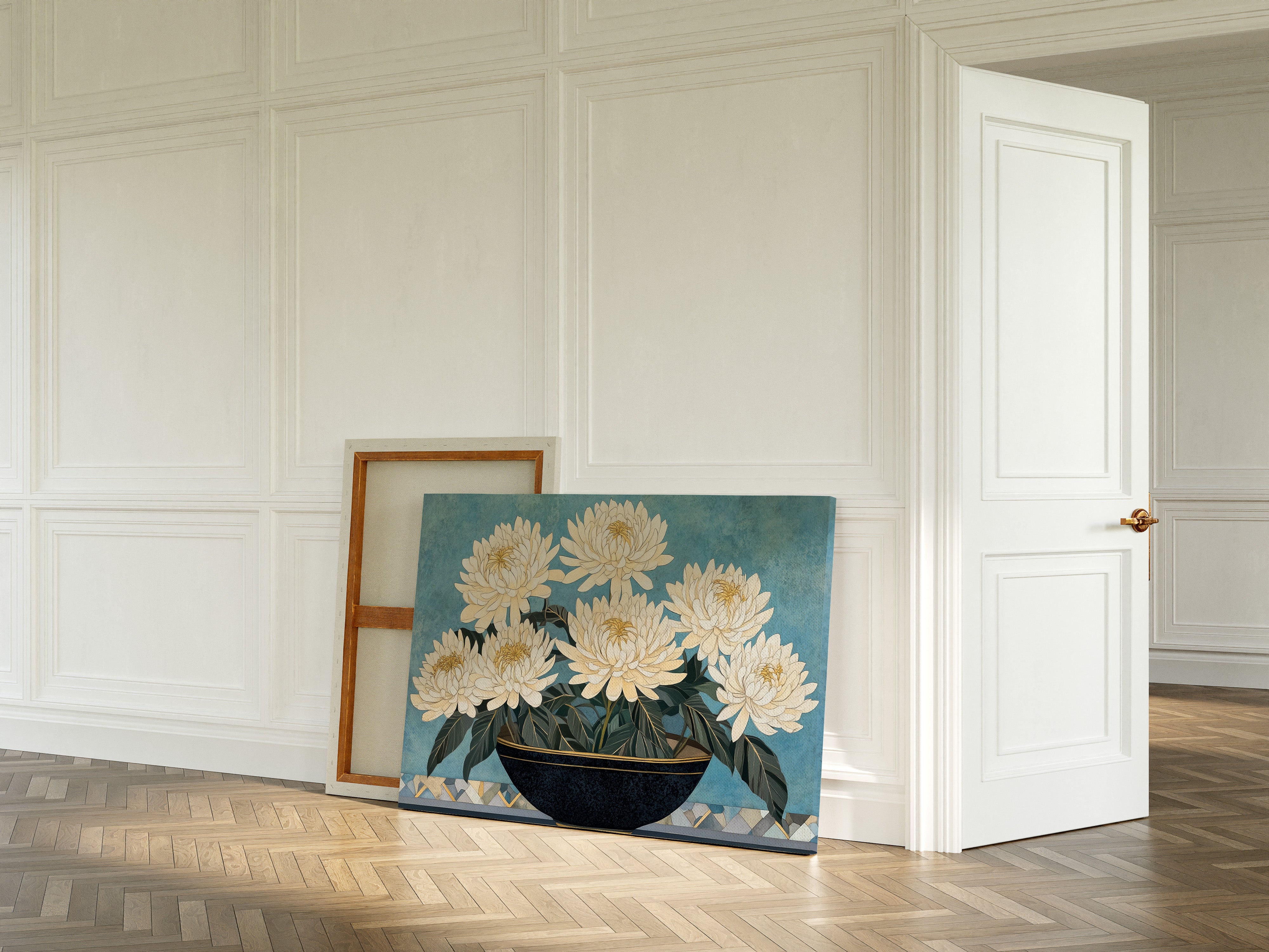 White Chrysanthemums Meet Midnight Bowl