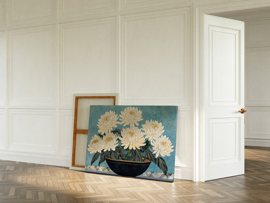 White Chrysanthemums Meet Midnight Bowl