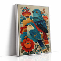 Blue Bird Sings Among Coral Blooms