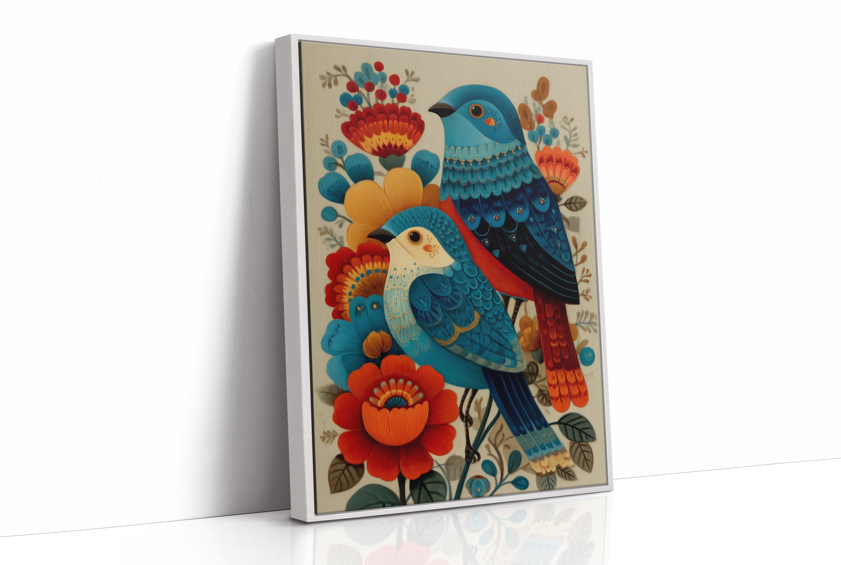 Blue Bird Sings Among Coral Blooms