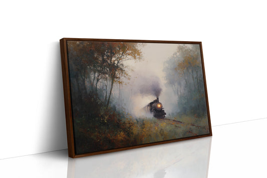 Autumn Train Through Misty Woods