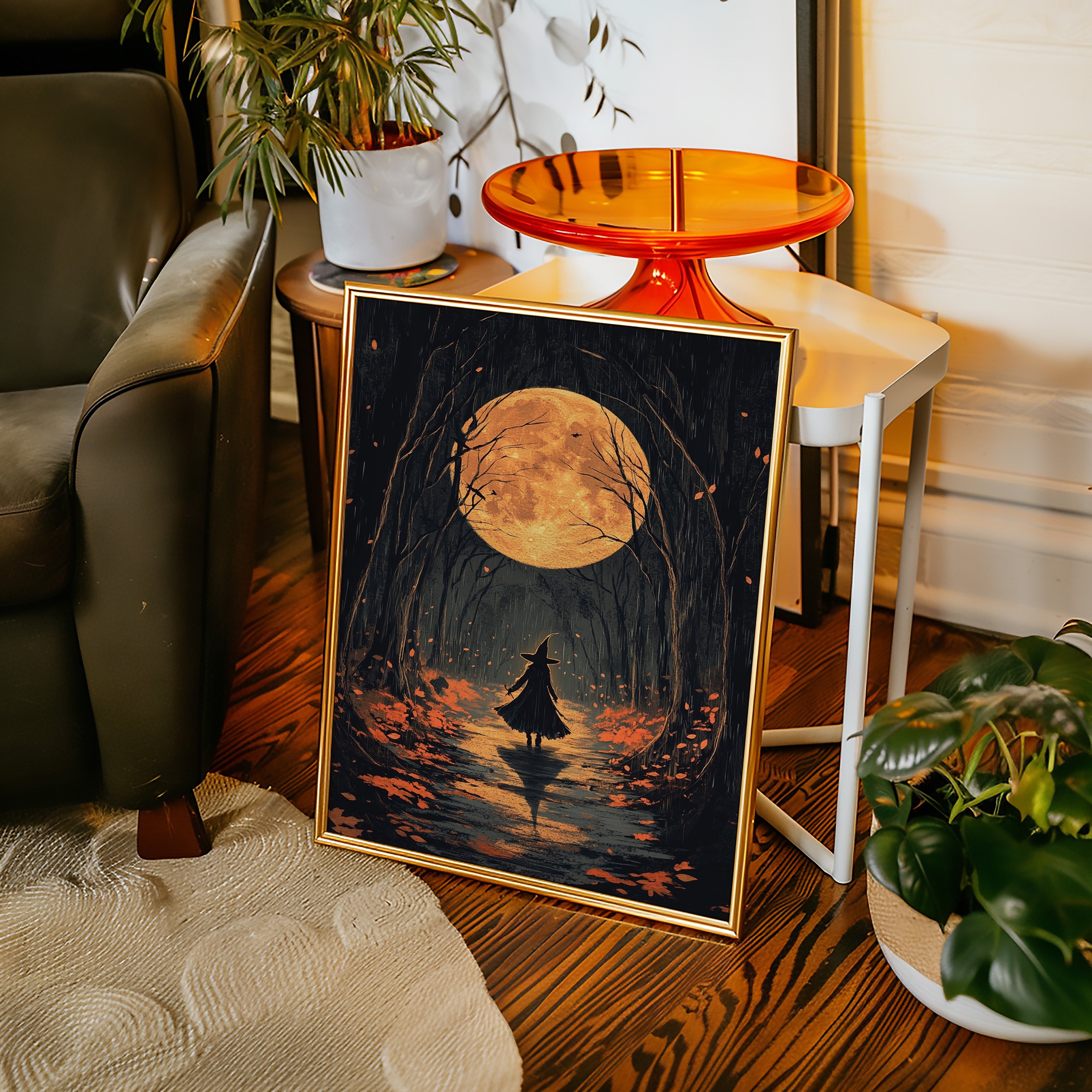 Witch Under Full Moon Art Print - Enchanting Autumn Scene - Gallery Canvas image 4