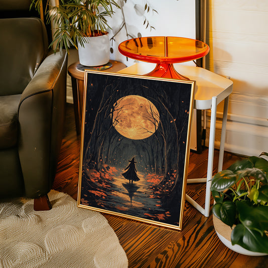 Witch Under Full Moon Art Print - Enchanting Autumn Scene - Gallery Canvas image 4